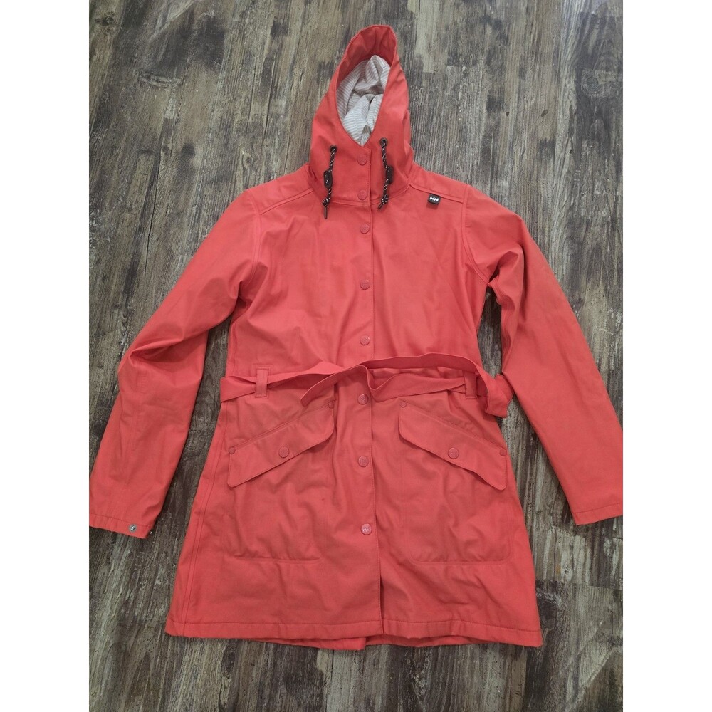Helly Hansen Women’s Rain Jacket Coral Size S Hooded Belted Snap Front *flaw